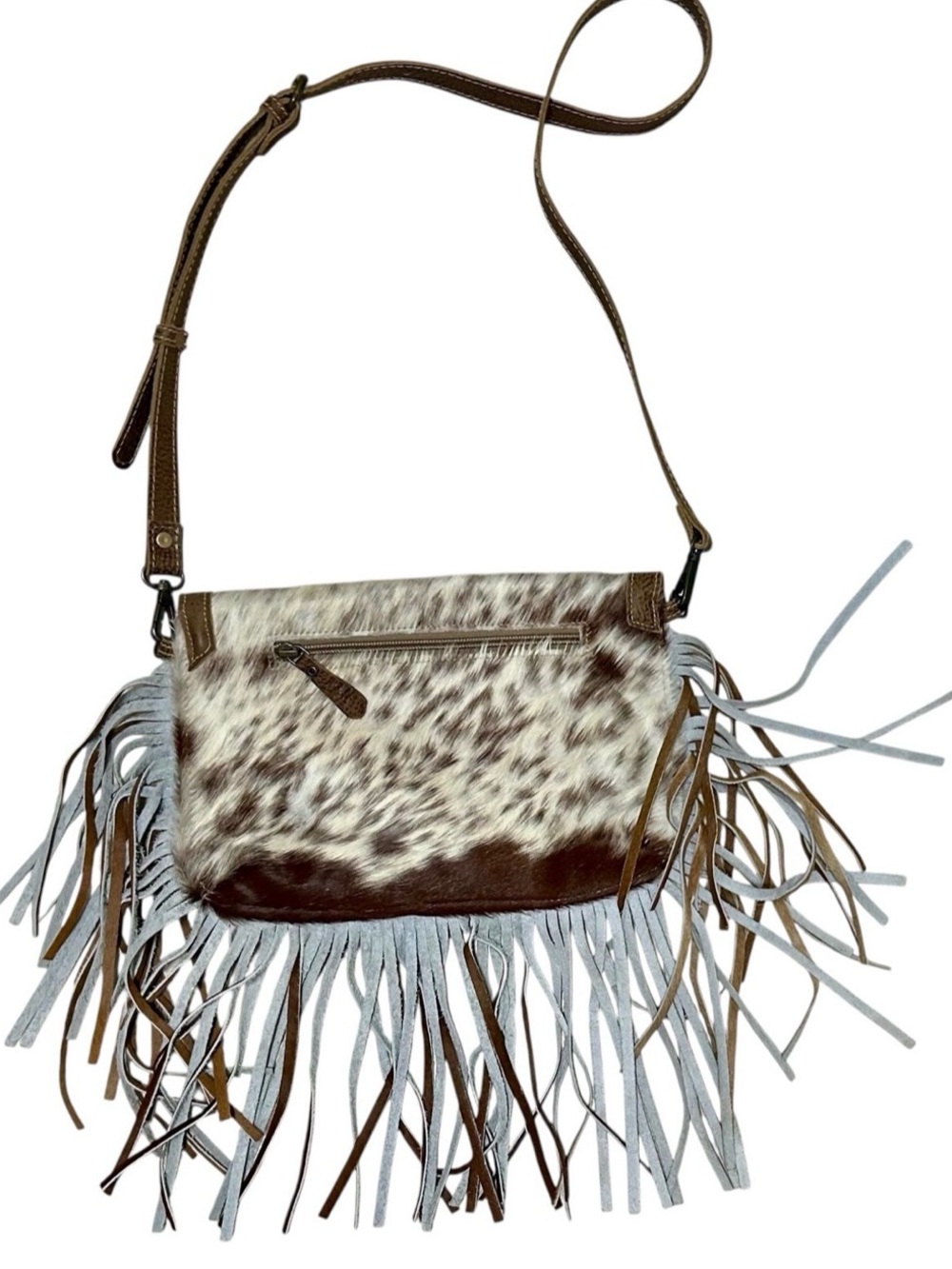 MYRA Fringe Cowhide Crossbody Bag - Brown/White w/ matching key chain - Picture 2 of 6